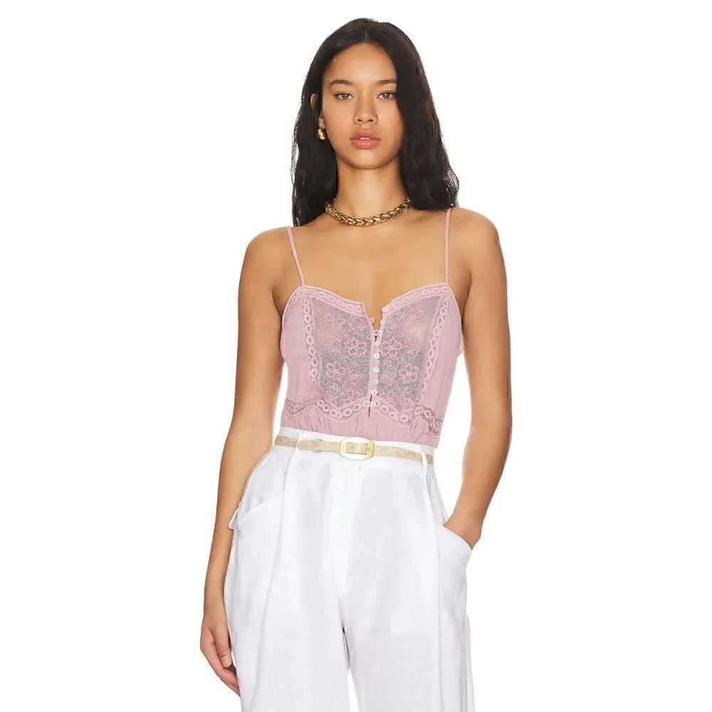 NWT Free People Still the One Lace Trim Cotton Bodysuit in La Fleur, Size XS